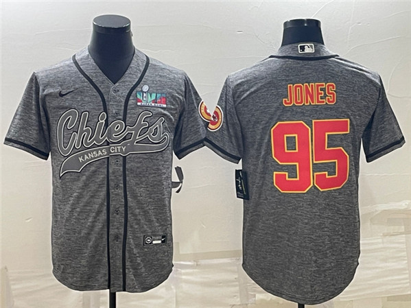 Men's Kansas City Chiefs #95 Chris Jones Gray With Super Bowl LVII Patch Cool Base Stitched Baseball Jersey - Click Image to Close